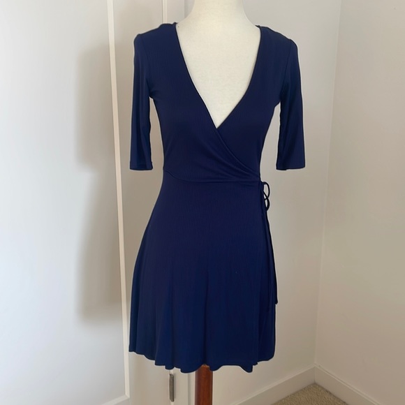 Navy Side Tie Dress with V Neck - Picture 1 of 7